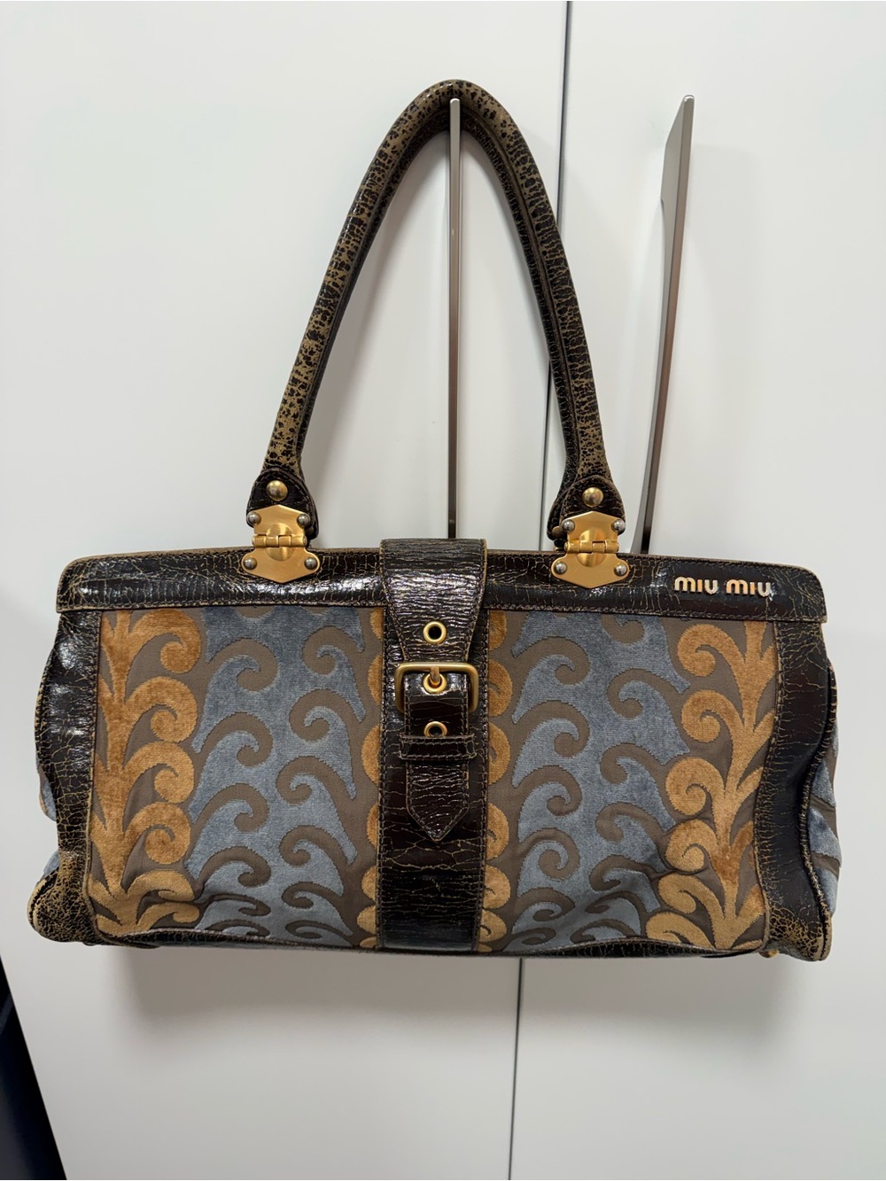 Miu Miu Brown & Gray Jacquard Leather-Trim Shoulder Bag